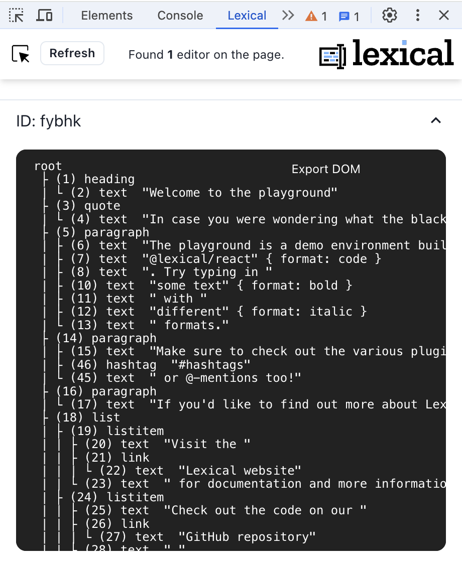 Lexical 開發者工具示範截圖